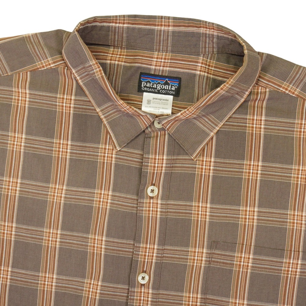 Patagonia Button Down Shirt Mens XL Brown Plaid Short Sleeve Organic Cotton